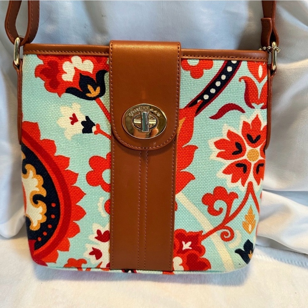 Spartina 449 Paisley Floral Linen Crossbody Bag Leather Trim Boho Coastal - Picture 2 of 16